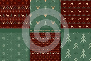 Vector classic christmas seamless patterns set with stylized reindeers, spruces and snowflakes