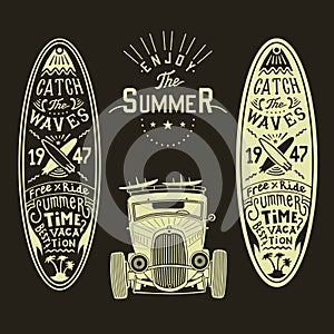 Vector classic hot rod front view with with surf boards surf car poster surfing surf shop label logo