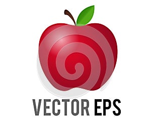 Vector classic red apple icon, shown with stem, single, green leaf