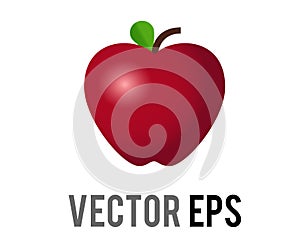 Vector classic red apple icon, shown with stem, single, green leaf