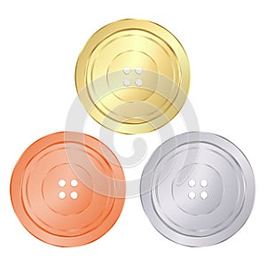 Vector classic round sewing buttons of gold, silver, bronze