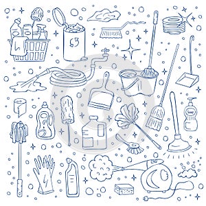 Vector cleaning doodle elements set isolated on white background. Hand drawn bucket, sponge, detergent, hose, plunger