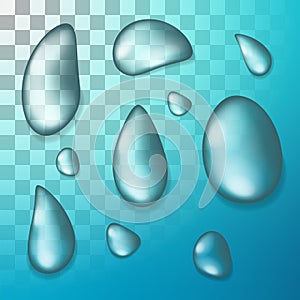 Vector clear water drops realistic set. Drop isolated on a transparent background