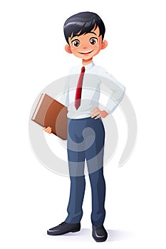 Vector clever smiling young Asian school student boy with book.