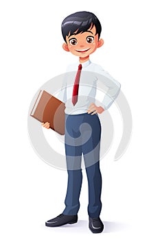 Vector clever smiling young Asian school student boy with book. photo