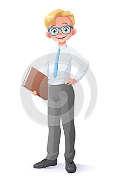 Vector clever smiling young school boy with eyeglasses holding book.