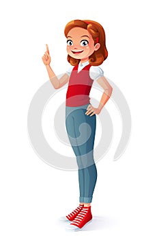 Vector clever smiling young teen girl index finger pointing up.
