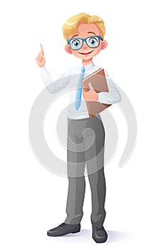 Vector clever young school boy with eyeglasses finger pointing up.