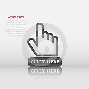 Vector click here icon in flat style. Hand cursor sign illustration pictogram. Pointer business concept