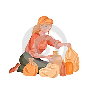 Vector clip art of blondy woman sorting plastic garbage isolated from background. Ecological lifestyle. Flat illustration photo