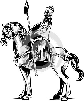 Vector clip art illustration of an armored knight on a scary black horse with red eyes charging or jousting with a lance