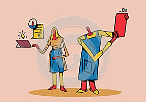 Vector clip art with a man and a woman on social media and virtual recipe for home cooking. Minimalist illustration concept