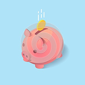 A vector clip art of moneybox in the form of a pig with a coin falling into it. Concept of saving money in isometric 3D style and
