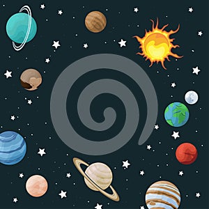 Vector clip art set of solar system Circle frame with planet on space background. Universe texture for greeting cards, invitations