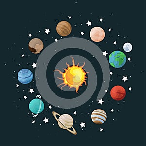 Vector clip art set of solar system. Wreath with planet on space background. Universe texture for greeting cards and invitations