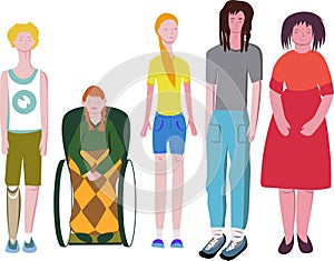 Vector clipart of a group of people with disabilities, prostheses, wheelchair or healthy