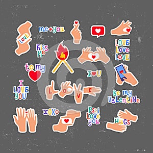 Vector Clipart for Valentine's Day. Set of Love Stickers with Hands and Hearts