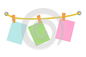 Vector Clipped Blue Green and Pink Blank Message note, at Yellow Rope, Isolated on White