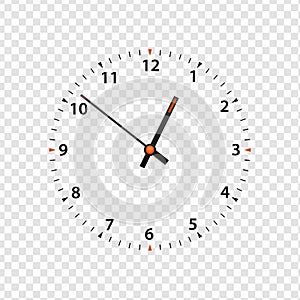 Vector clock face isolated on transparent background. Clock icon design template closeup. Time scale with numbers and clock hands