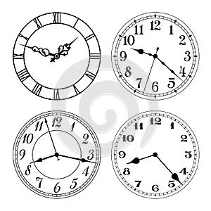 Vector clock faces in black and white. Arabic and roman numerals.