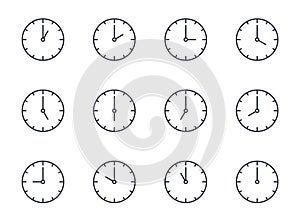 Vector clock icon dial time. Editable stroke. Line symbols with exact time, hour and minute hands on a round wrist watch