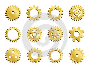 Vector Clockwork Cogwheel Collection. Set Of Gold Gear Wheels And Cogs, Golden Volumetric Icons, Different Configuration