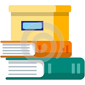 Vector closed cardboard box on books stack icon illustration