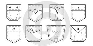 Vector clothing isolated icons set. Patch pocket bag