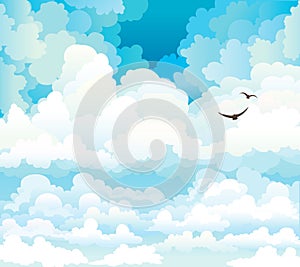 Vector clouds on a blue sky with birds