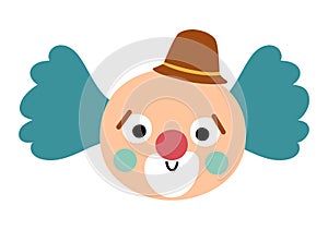 Vector clown face. Circus artist avatar clipart. Amusement holiday icon. Cute funny festival character clip art. Street show