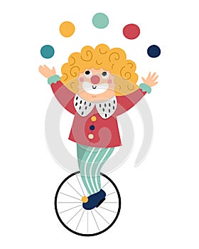 Vector clown icon. Circus artist clipart. Amusement holiday man on a wheel juggling balls. Cute funny festival character clip art