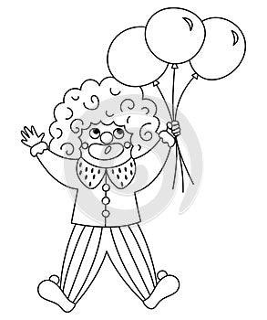 Vector clown line icon. Black and white circus artist clipart. Amusement holiday man flying on bunch of balloons. Cute funny