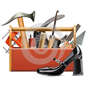 Vector Cobbler Toolbox with Female Black Shoe