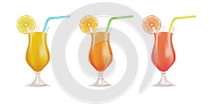 Vector cocktail set garnished with fresh orange, lemon, and colored straw tubes isolated on white background. Stock Illustration