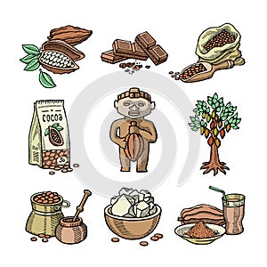 Vector cocoa products handdrawn sketch icons chocolate cacao production sweet illustration.