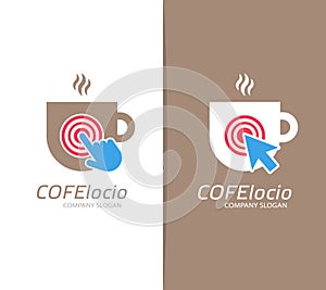 Vector coffee cup and click logo combination. Cafe and cursor symbol or icon. Unique restaurant and coffeehouse logotype