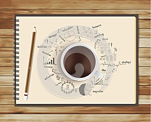 Vector coffee cup with notebook and drawing busine