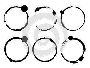 Vector coffee cup stain set. Grunge circle brush stroke, design elements. Black Round Frames