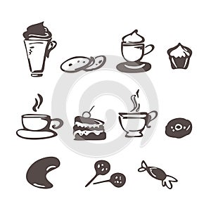 Vector coffee icons in doodle style.