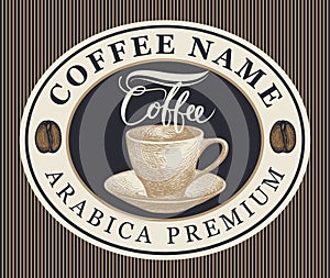 Vector coffee label with cup in oval frame