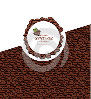 Vector Coffee Label Template, Brown and White Colors, Hand Drawn Coffee Beans Pattern and Circle Frame.