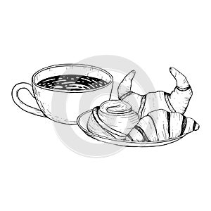 Vector coffee mug with pastry plate with chocolate French croissants and rolled cinnamon bun graphic illustration