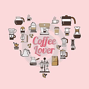 Vector Coffee set shape heart. Coffee lover set . Set of Vector Coffee Elements.