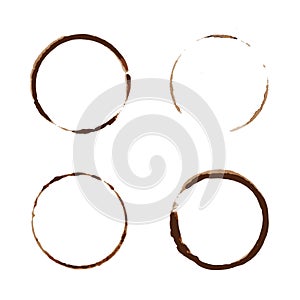 Vector coffee stain set isolated on white background. Cup ring splashes and circle drink marks