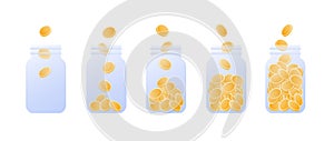 Vector coin money in jar flat illustration. Set of glass full of coin isolated on white background. Design element for banner,