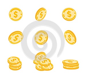 Vector coins, gold coins, dollars money in different angles on white background