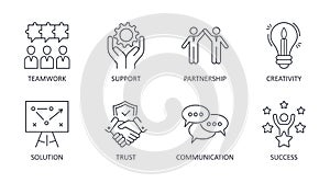 Vector collaboration icons. Editable stroke. Teamwork problem solving solution partnership. Trust communication creativity success