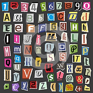 Vector collage alphabet letters made from newspaper magazine abc paper text cut type typography sign illustration