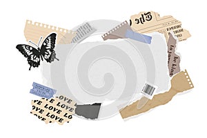 Vector collage banner of torn paper and old icons. Modern trendy retro styleTorn newspaper, retro flower, butterfly