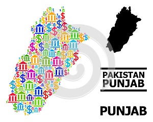 Vector Collage Map of Punjab Province of Banking and Business Items